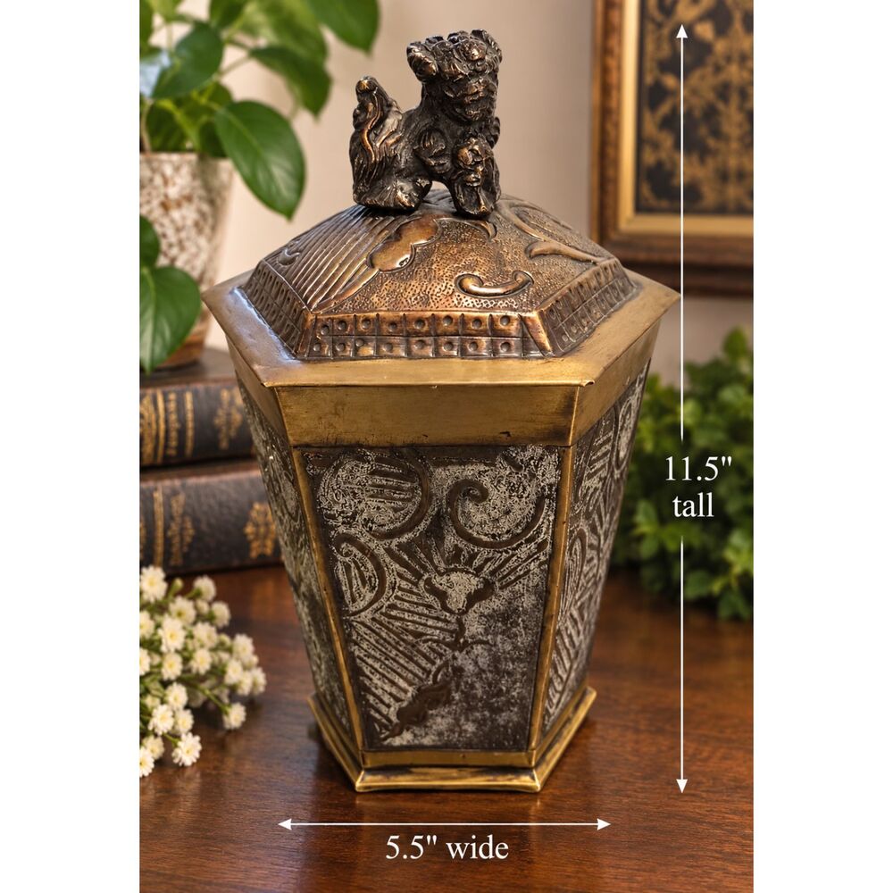 Vintage Foo Dog Finial Asian Brass Tone Tea Caddy Trinket Box 11" x 5.5"